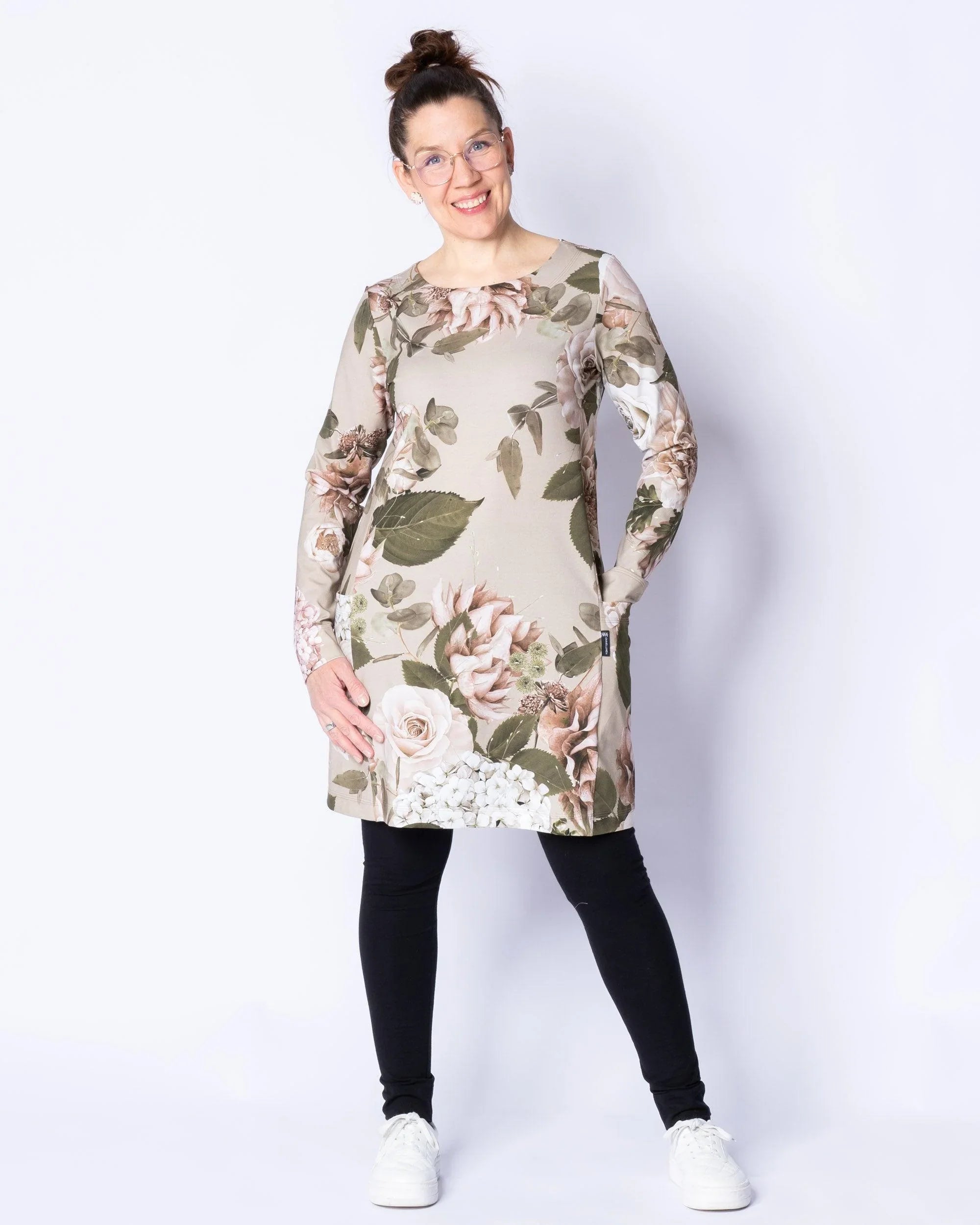 LEA -tunika, Kukkakimppu - hiekka/seepia - Ommellinen