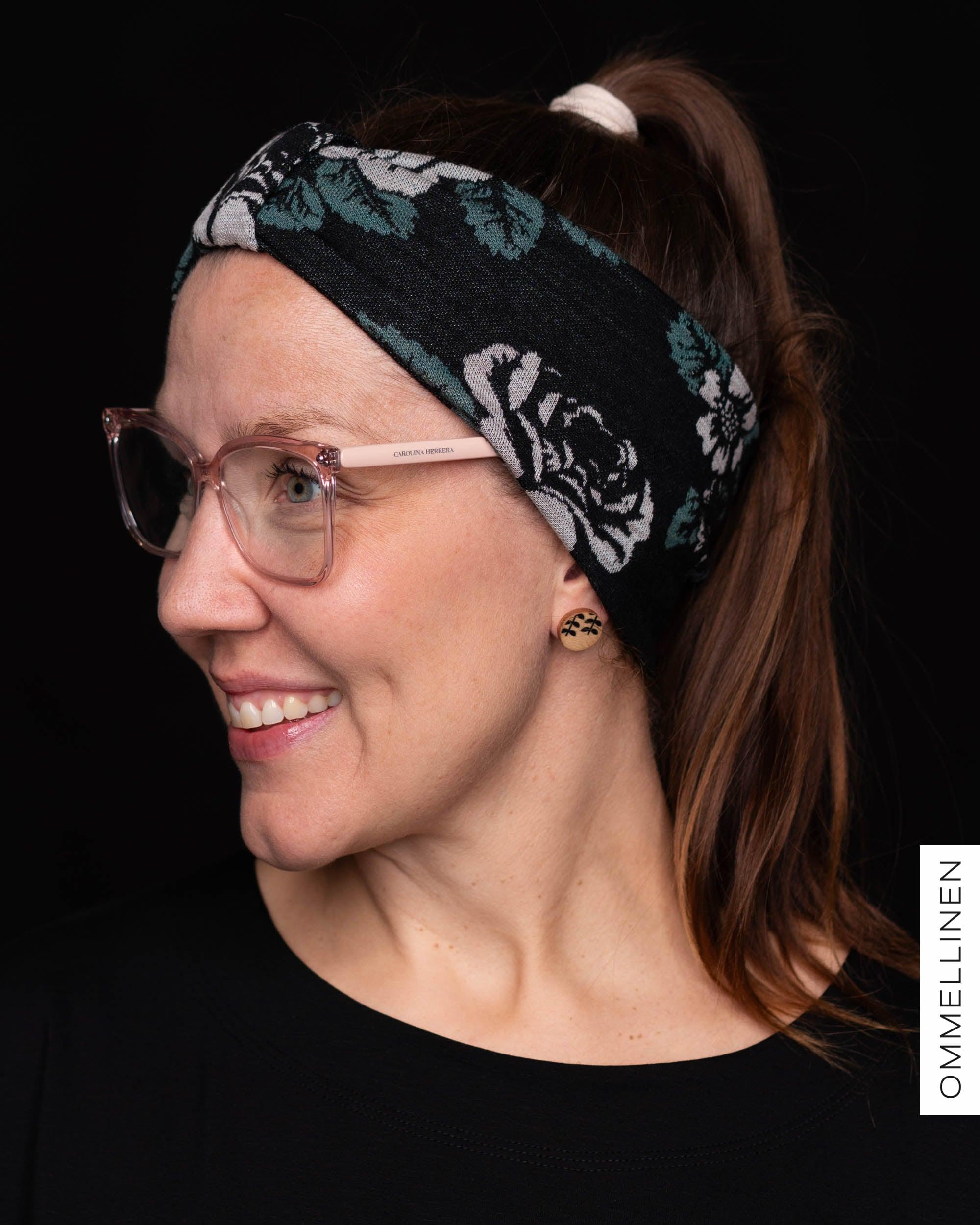 Bow headband, Babushka Roses - black/green/sand