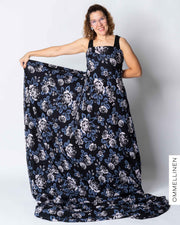 Organic cotton knit - PRE-CUT, Babushka Roses - black/blue