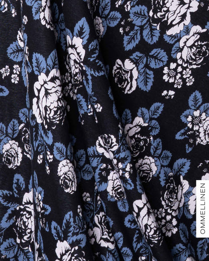 Organic cotton knit - PRE-CUT, Babushka Roses - black/blue