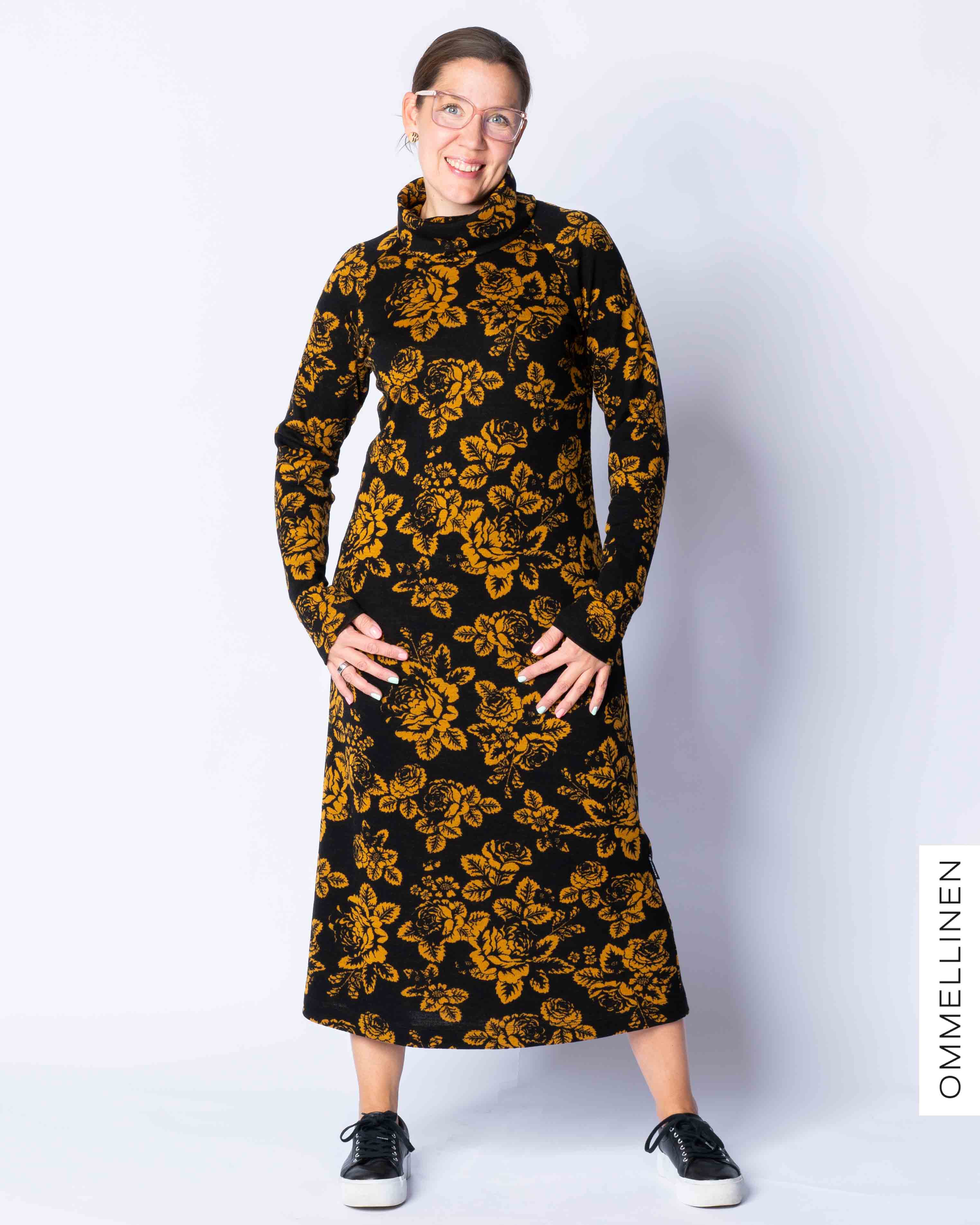 WOOL dress, Babushka Roses - black/ocher