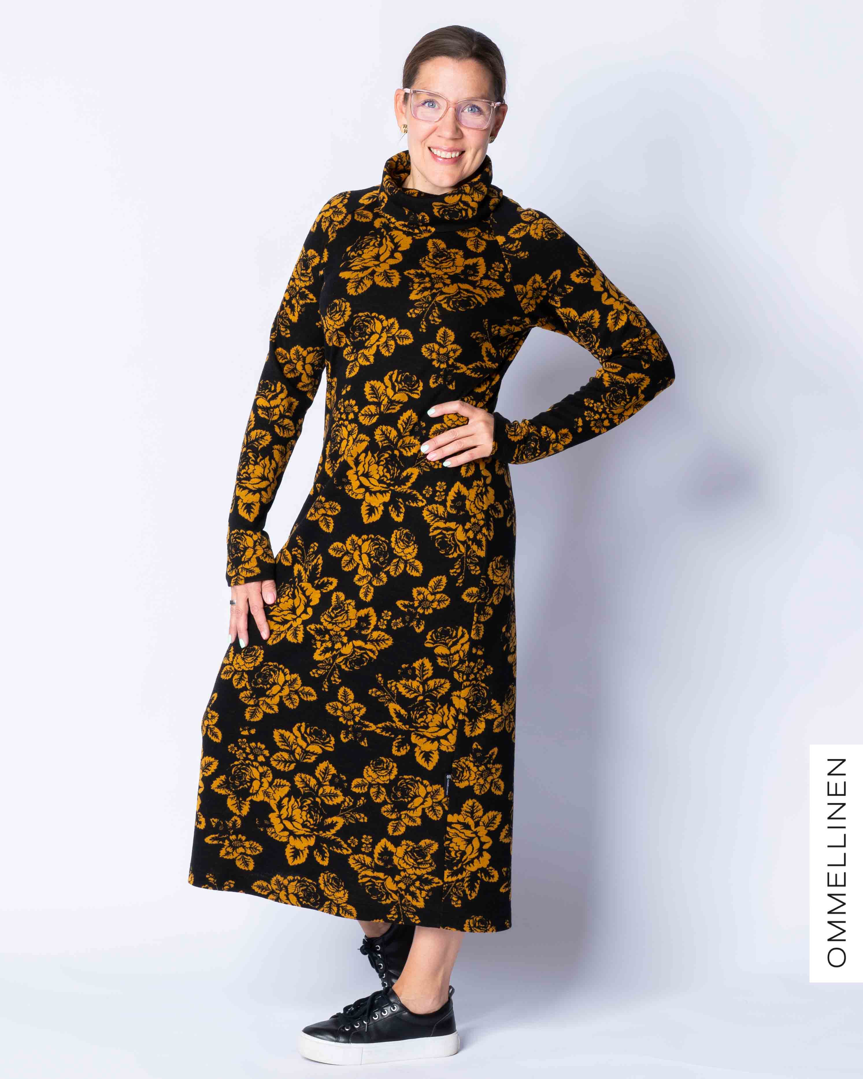 WOOL dress, Babushka Roses - black/ocher