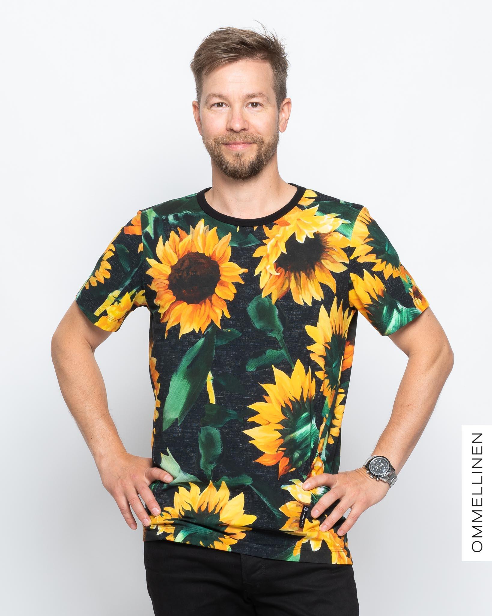 Miesten T-paita, Auringonkukka - musta - Ommellinen
